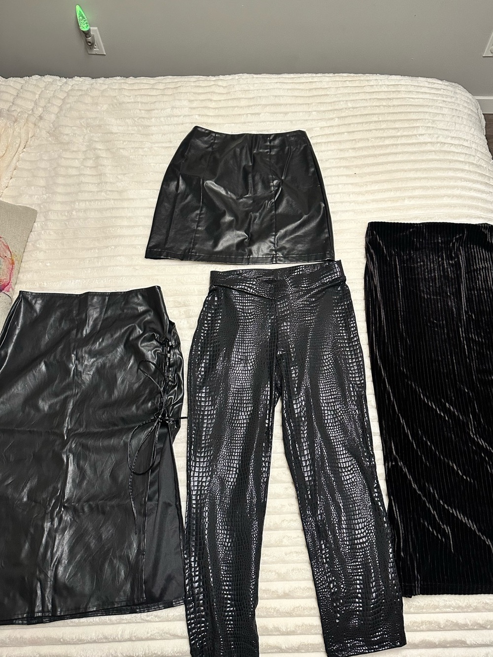 SHEIN Black Faux Leather & Croc-Texture Skirt and Pants Set.